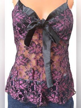 Black and Fuchsia shear lace plunge fitted Camisole, Romantic and feminine.